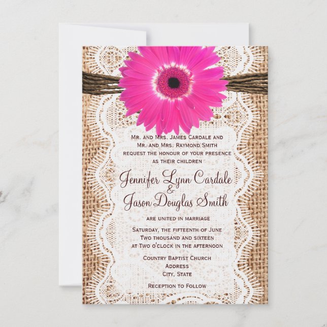 Rustic Burlap Lace Hot Pink Daisy Wedding Invites (Front)