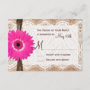 Rustic Burlap Lace Hot Pink Daisy Wedding RSVP Card
