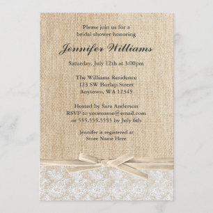 Rustic Burlap Lace Ivory Ribbon Bridal Shower Invitation