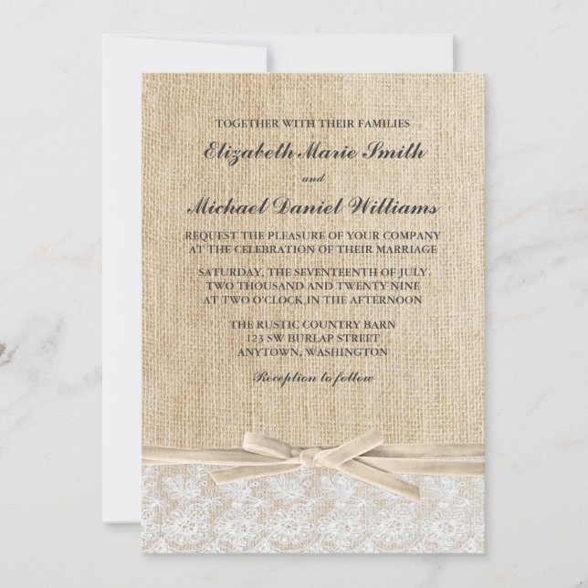 Rustic Burlap Lace Ivory Ribbon Wedding Invitation (Front)