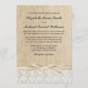 Rustic Burlap Lace Ivory Ribbon Wedding Invitation
