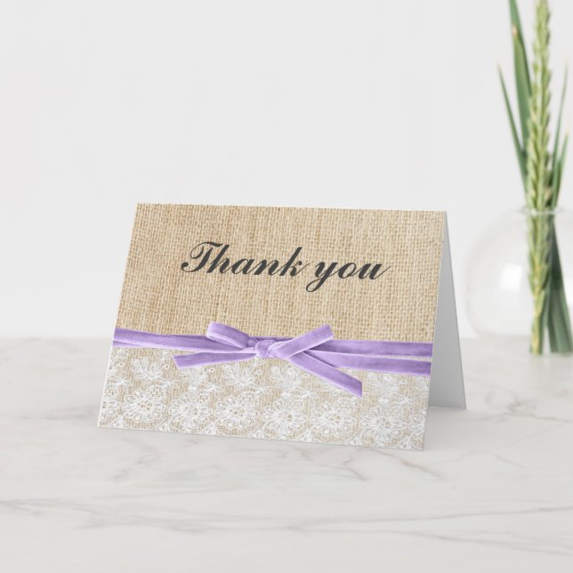 Rustic Burlap Lace Lavender Ribbon Thank You (Front)
