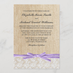 Rustic Burlap Lace Lavender Ribbon Wedding Invitation