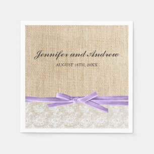 Rustic Burlap Lace Lavender Ribbon Wedding Napkin