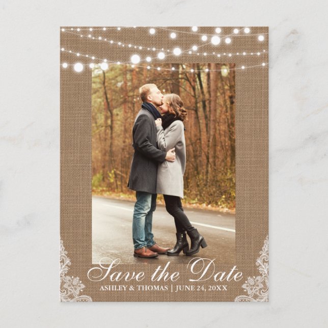 Rustic Burlap Lace Lights Save the Date Back Text Announcement Postcard (Front)