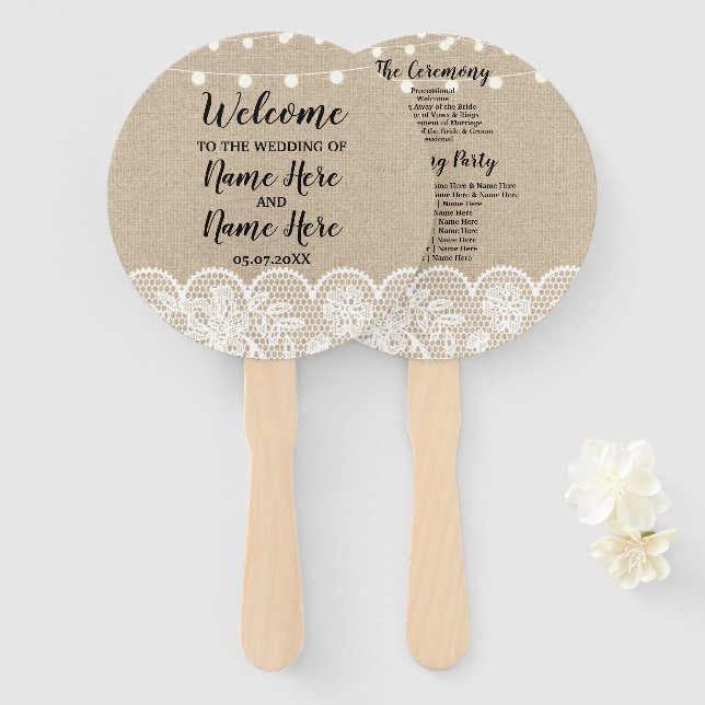 Rustic Burlap Lace Lights Wedding Programme Fan (Front and Back)