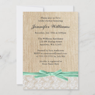Rustic Burlap Lace Mint Ribbon Bridal Shower Invitation
