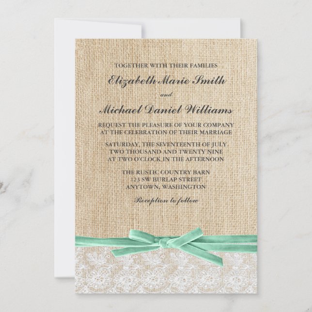 Rustic Burlap Lace Mint Ribbon Wedding Invitation (Front)