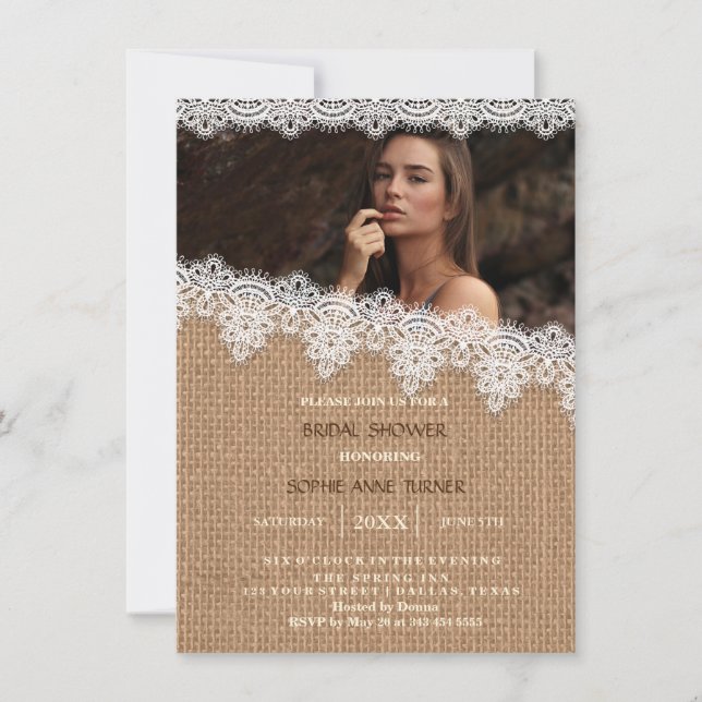 Rustic Burlap Lace Photo Bridal Shower Invite (Front)