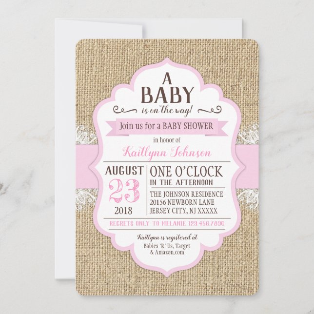 Rustic Burlap Lace Pink  Baby Shower Invitation (Front)