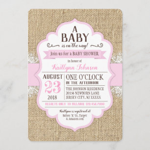 Rustic Burlap Lace Pink Baby Shower Invitation