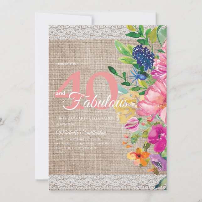 Rustic Burlap Lace Pink Blue Floral 40th Birthday Invitation (Front)