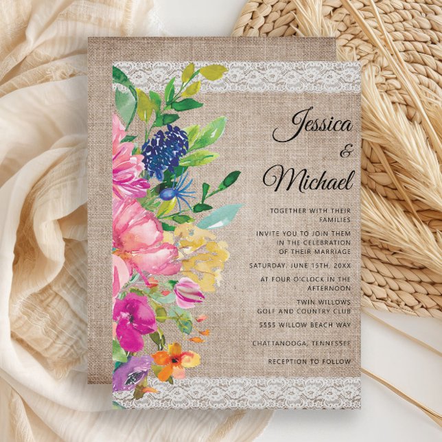 Rustic Burlap Lace Pink Blue Floral  Wedding Invitation (Rustic pink and yellow watercolor floral on burlap and lace wedding invitation)