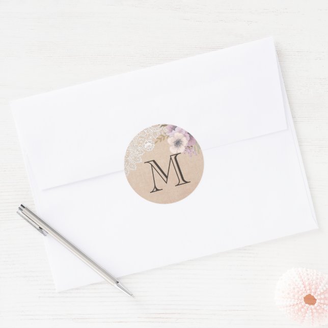 Rustic Burlap Lace Pink Floral Monogram Classic Round Sticker (Envelope)