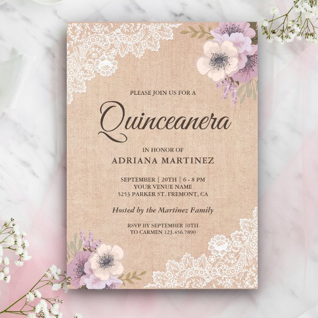 Rustic Burlap Lace Pink Floral Quinceanera Invitation (Creator Uploaded)