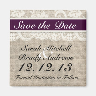 Rustic Burlap Lace Plum Save the Date Magnet