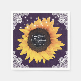 Rustic Burlap Lace Purple and Sunflower Wedding Napkin