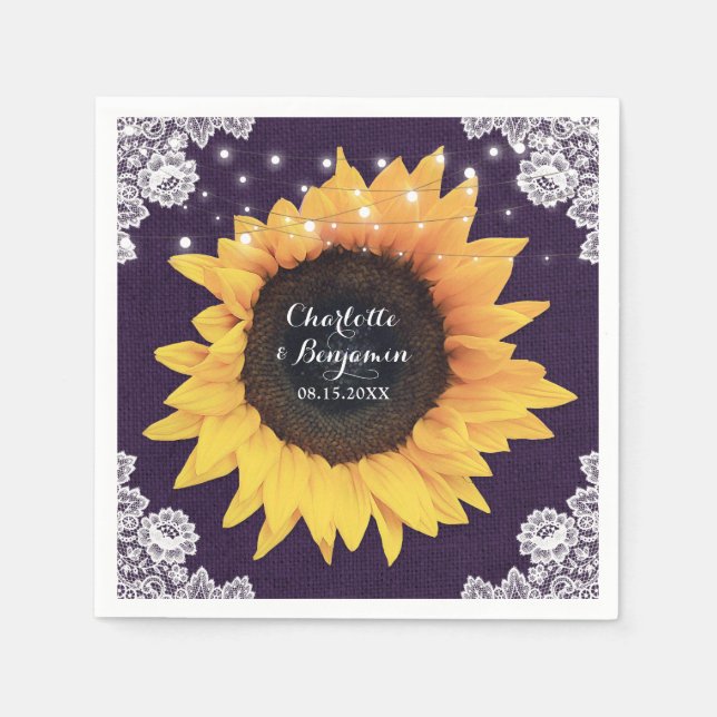 Rustic Burlap Lace Purple and Sunflower Wedding Napkin (Front)