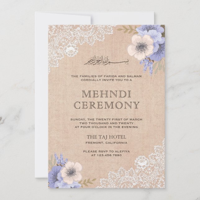 Rustic Burlap Lace Purple Floral Islamic Mehndi Invitation (Front)