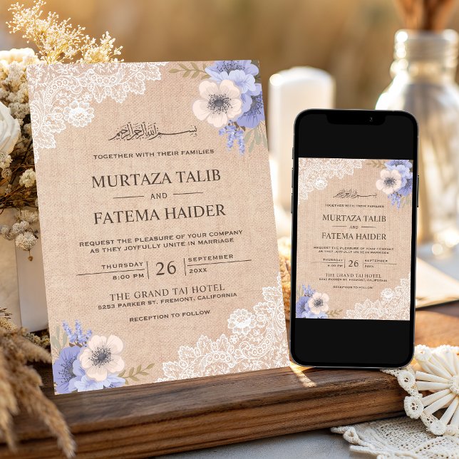 Rustic Burlap Lace Purple Floral Islamic Wedding Invitation (Creator Uploaded)