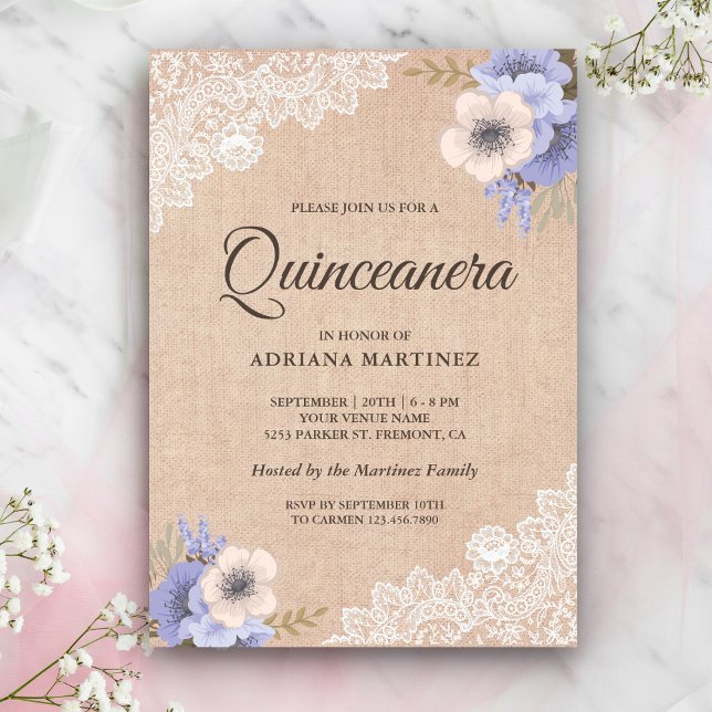 Rustic Burlap Lace Purple Floral Quinceanera Invitation (Creator Uploaded)