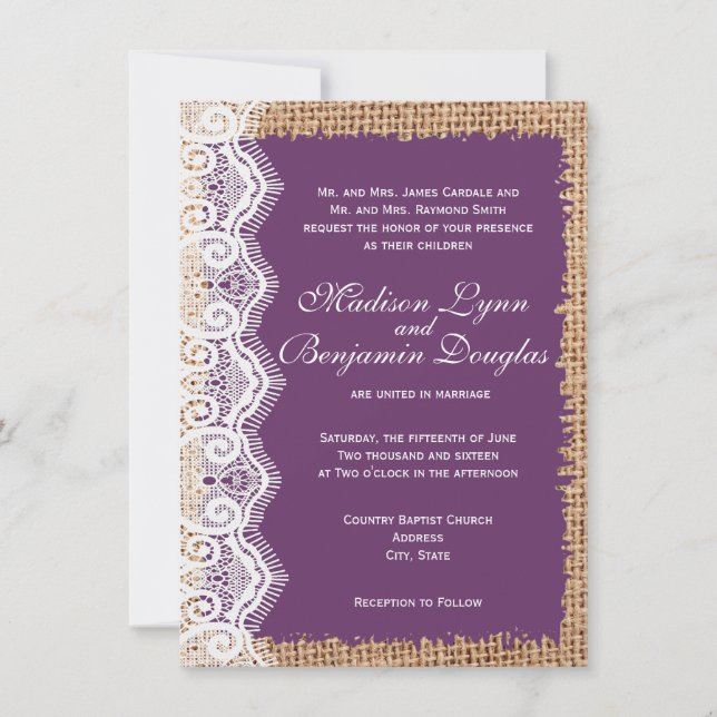 Rustic Burlap Lace Purple Wedding Invitations (Front)