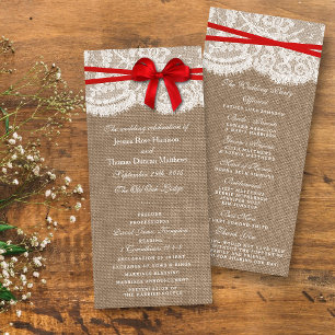 Rustic Burlap, Lace & Red Bow Wedding Program Rack Card