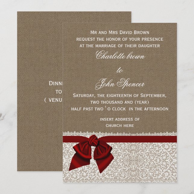 Rustic burlap lace Red Wedding Invitation (Front/Back)