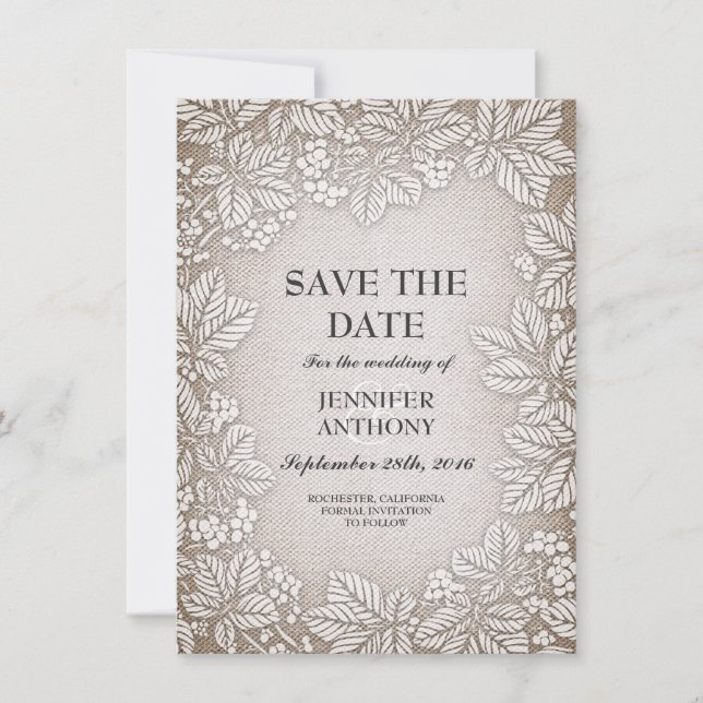 rustic burlap lace save the date cards (Front)