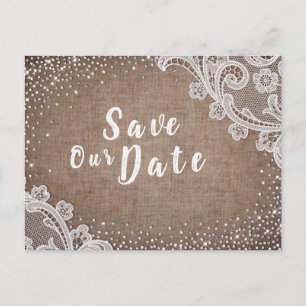 Rustic burlap lace silver glitter save the date announcement postcard