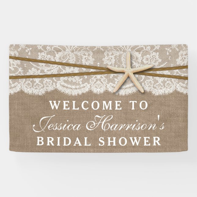 Rustic Burlap, Lace & Starfish Beach Bridal Shower Banner (Horizontal)