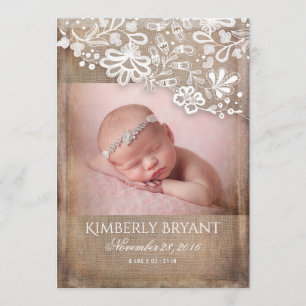 Rustic Burlap Lace String Lights Photo Baby Birth Announcement