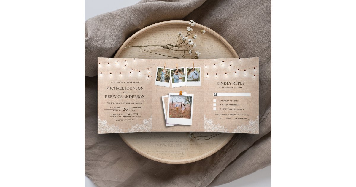 Rustic Burlap Lace String Lights Photo Wedding Tri-Fold Invitation | Zazzle