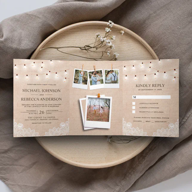 Rustic Burlap Lace String Lights Photo Wedding Tri-Fold Invitation | Zazzle