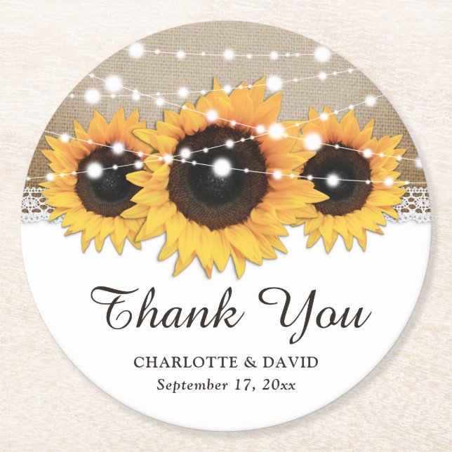 Rustic Burlap Lace String Lights Sunflower Wedding Round Paper Coaster (Front)
