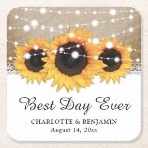 Rustic Burlap Lace String Lights Sunflower Wedding Square Paper Coaster