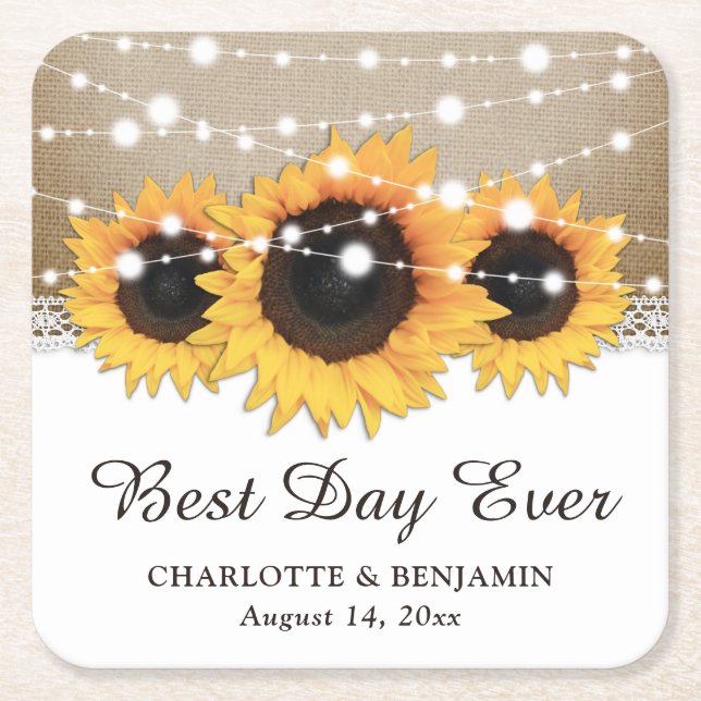 Rustic Burlap Lace String Lights Sunflower Wedding Square Paper Coaster (Front)