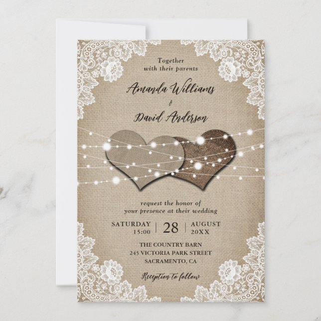 Rustic Burlap Lace String Lights Wedding Invitation (Front)