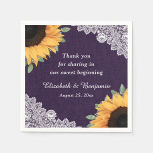Rustic Burlap Lace Sunflower and Purple Wedding Napkin