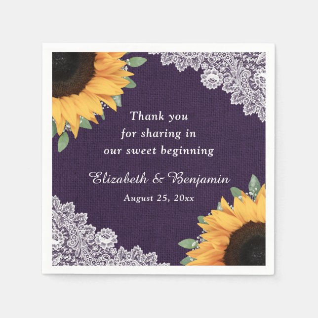 Rustic Burlap Lace Sunflower and Purple Wedding Napkin (Front)