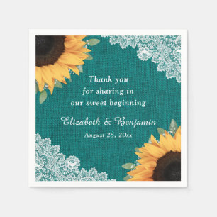 Rustic Burlap Lace Sunflower and Teal Wedding Napkin