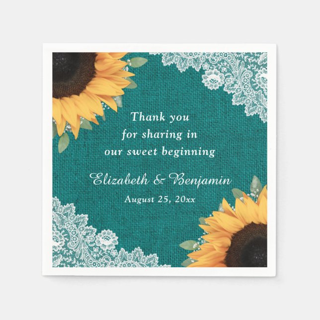 Rustic Burlap Lace Sunflower and Teal Wedding Napkin (Front)