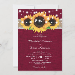 Rustic Burlap Lace Sunflower Burgundy Wedding Invitation