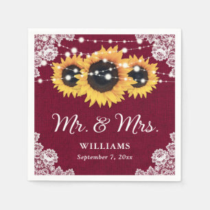 Rustic Burlap Lace Sunflower Burgundy Wedding Napkin
