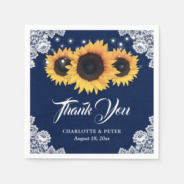 Rustic Burlap Lace Sunflower Navy Blue Wedding Napkin (Front)