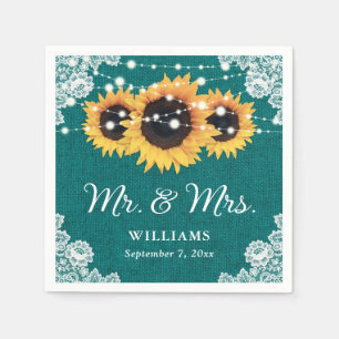 Rustic Burlap Lace Sunflower Teal Wedding Napkin