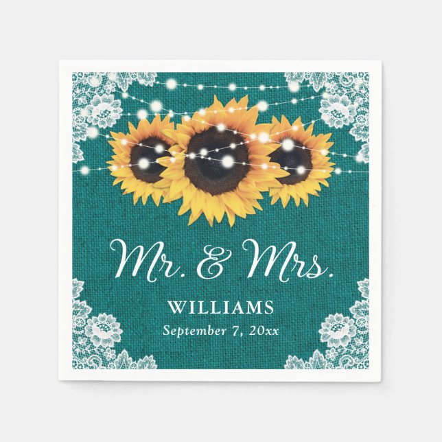 Rustic Burlap Lace Sunflower Teal Wedding Napkin (Front)