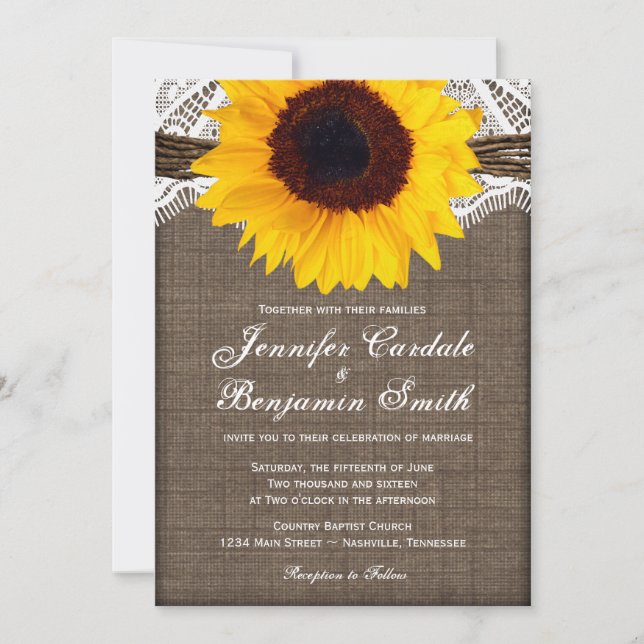 Rustic Burlap Lace Sunflower Wedding Invitations (Front)