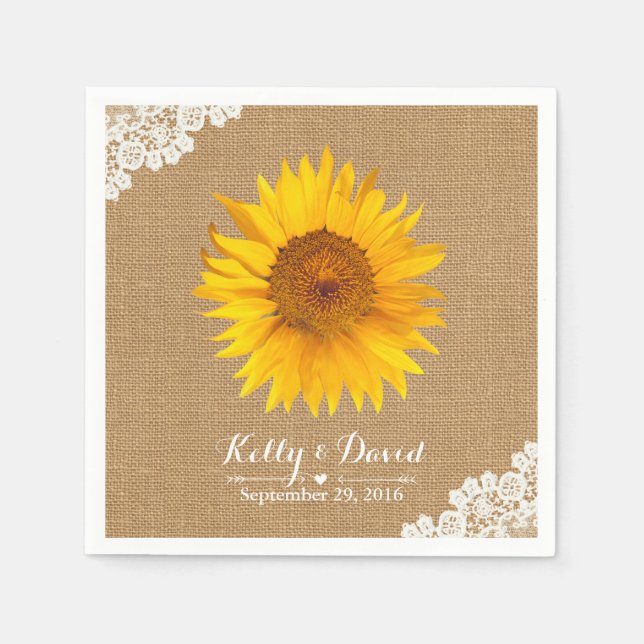 Rustic Burlap & Lace Sunflower Wedding Napkin (Front)