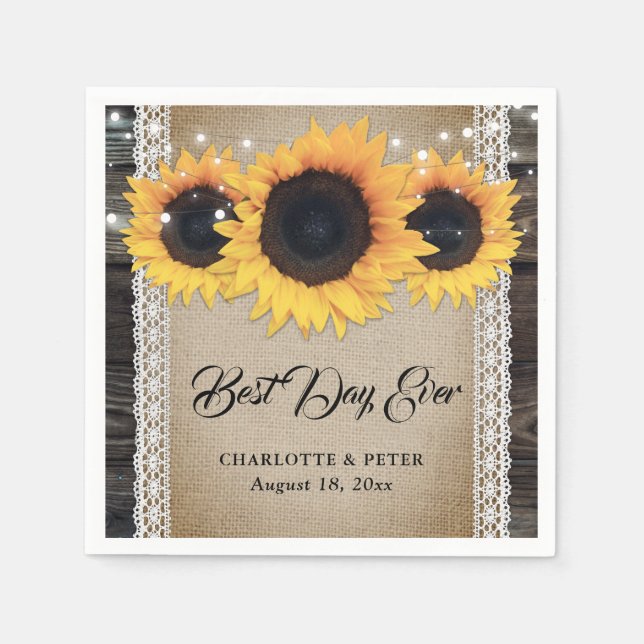 Rustic Burlap Lace Sunflower Wedding Paper Napkins (Front)